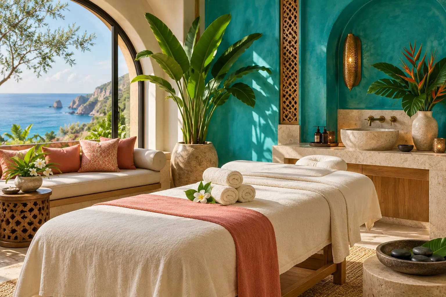 Sanal olarak oluşturulmuş aydınlık spa odası